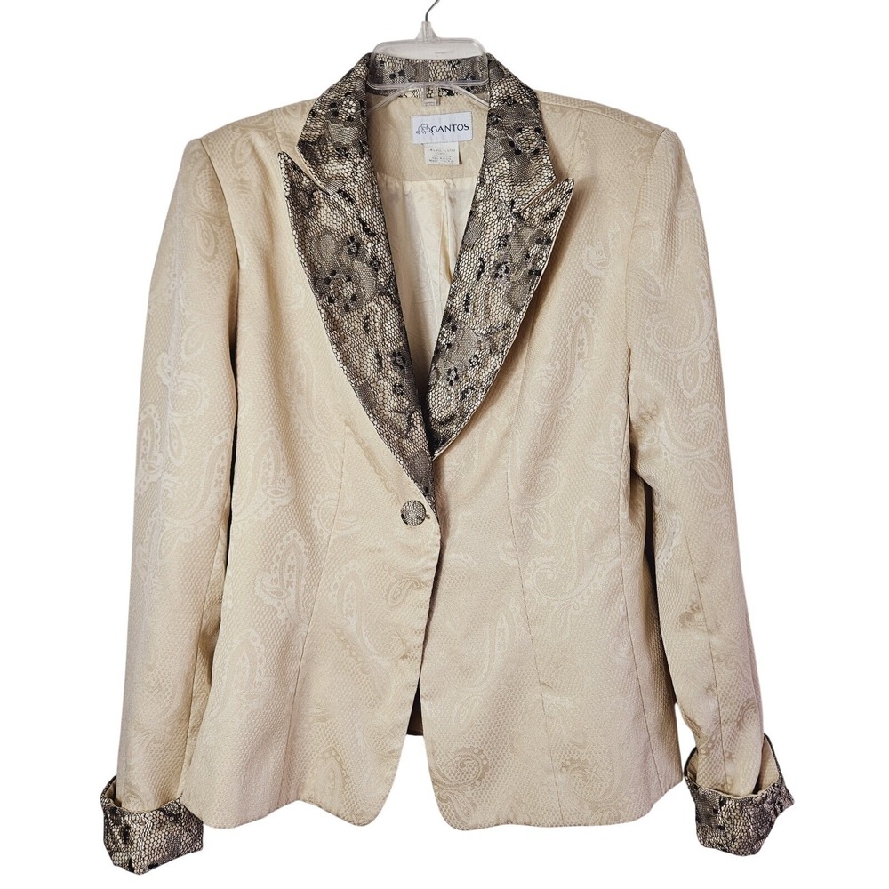 Gantos Womens Cream Paisley Jacquard Lace Trim Blazer Size 12 Vintage